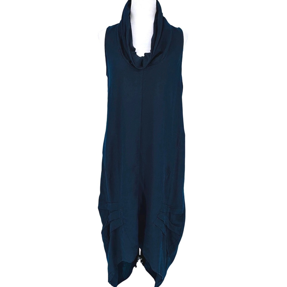 For Cynthia Navy Blue Linen Blend Cowl Neck Lagenlook Sleeveless Midi Dress S